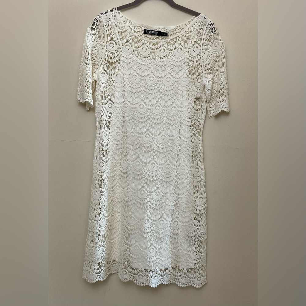 Lauren Ralph Lauren Crochet Lace Sheath Dress Off White Size Medium Stunning!